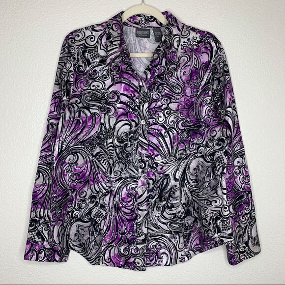 Chico’s Size Large Purple Paisley Button Down Women’s Shirt - Picture 1 of 10